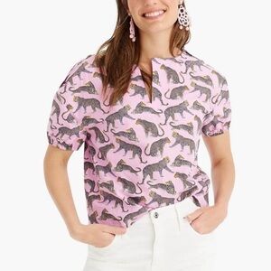J. Crew Ratti Cheetah Print Safari Blouse Pink Open V Neck 100% Cotton Women’s L